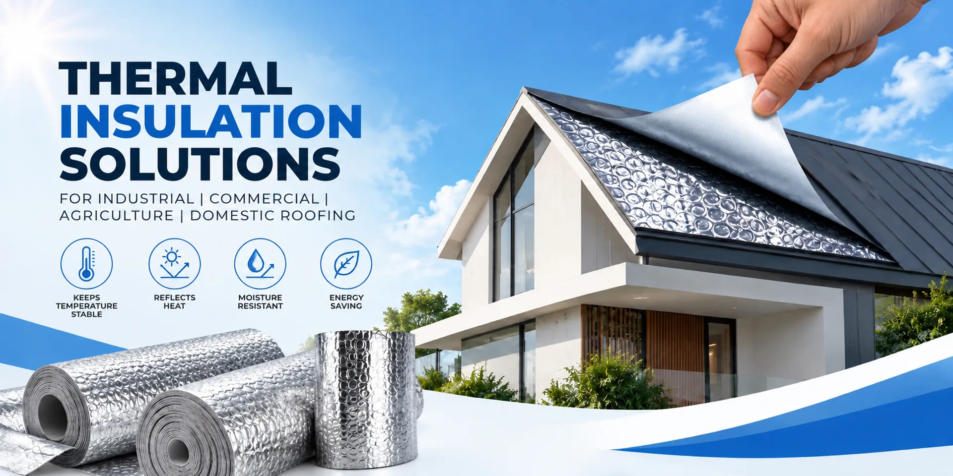 Sun over a blue sky above the words Thermal Insulation Solutions for industrial, commercial, agriculture and domestic roofing, with rolls of reflective foil bubble insulation beside a modern house whose roof is peeled back to show the insulation underneath